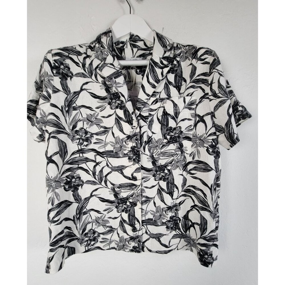 Kensie Jeans Womens Floral Linen Blend Short-Sleeve Button-Up Shirt Medium New